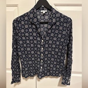 Frank And Oak Navy White floral Paisley Button Down Collared Blouse Size Small